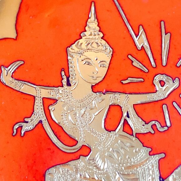 VTG Mid Century Brooch Siam Red Enamel Gold Tone Floral Thai Dancer Motif - Picture 2 of 11